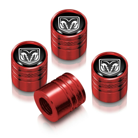 RAM in Black on Red Cylinder-Style Premium Anodized Aluminum Tire Valve Stem Caps - Set of 4