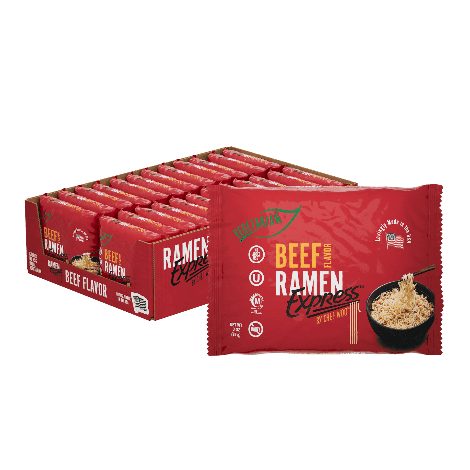 RAMEN EXPRESS Beef Flavor Ramen Noodle Packs, 3 Oz Each (Pack Of 24) | Animal-free Ramen Noodles | All Plant-based | Made in U.S. with finest American flour