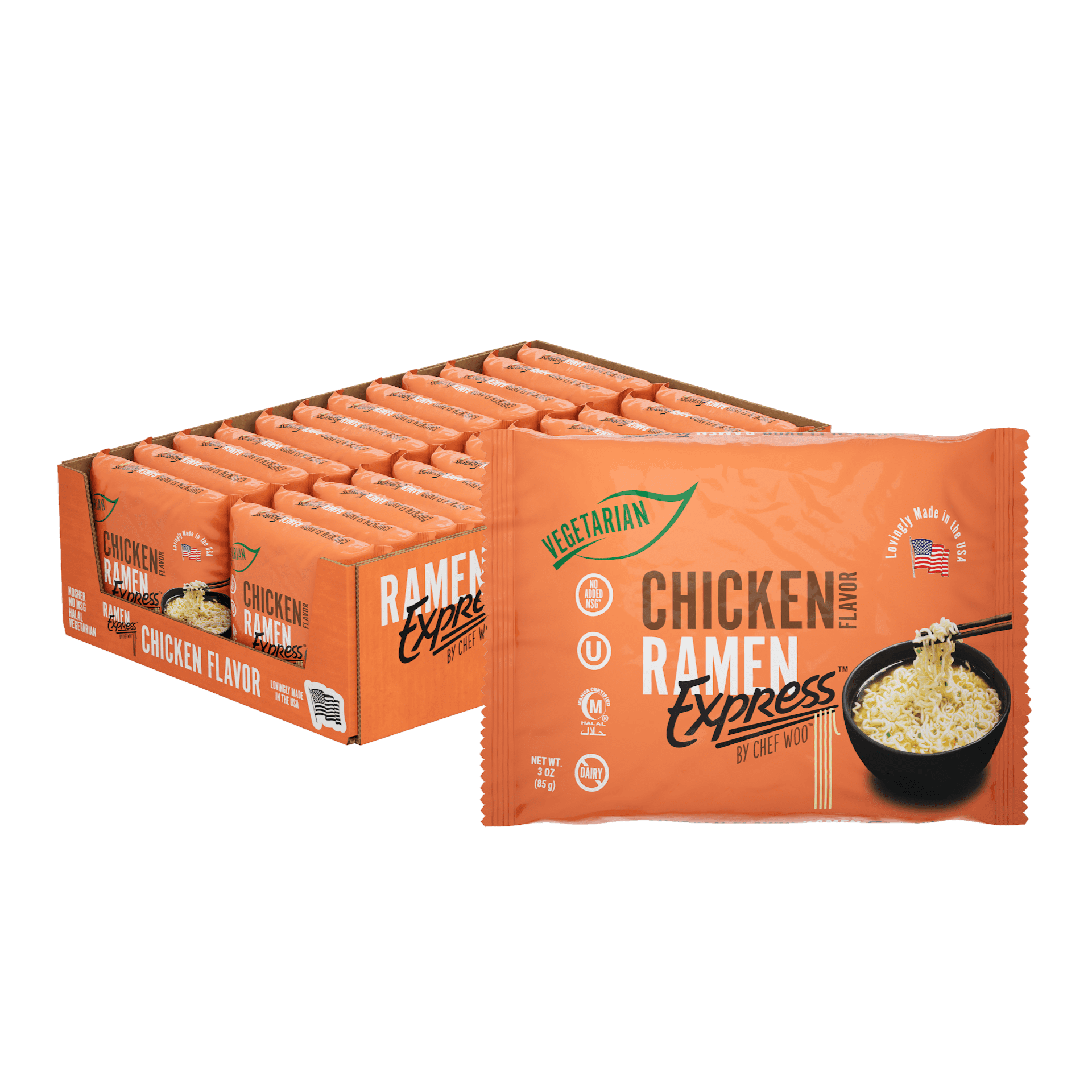RAMEN EXPRESS Chicken Flavor Ramen Noodle Packs, 3 Oz Each (Pack Of 24) | Animal-free Ramen Noodles | All Plant-based | Made in U.S. with finest American flour