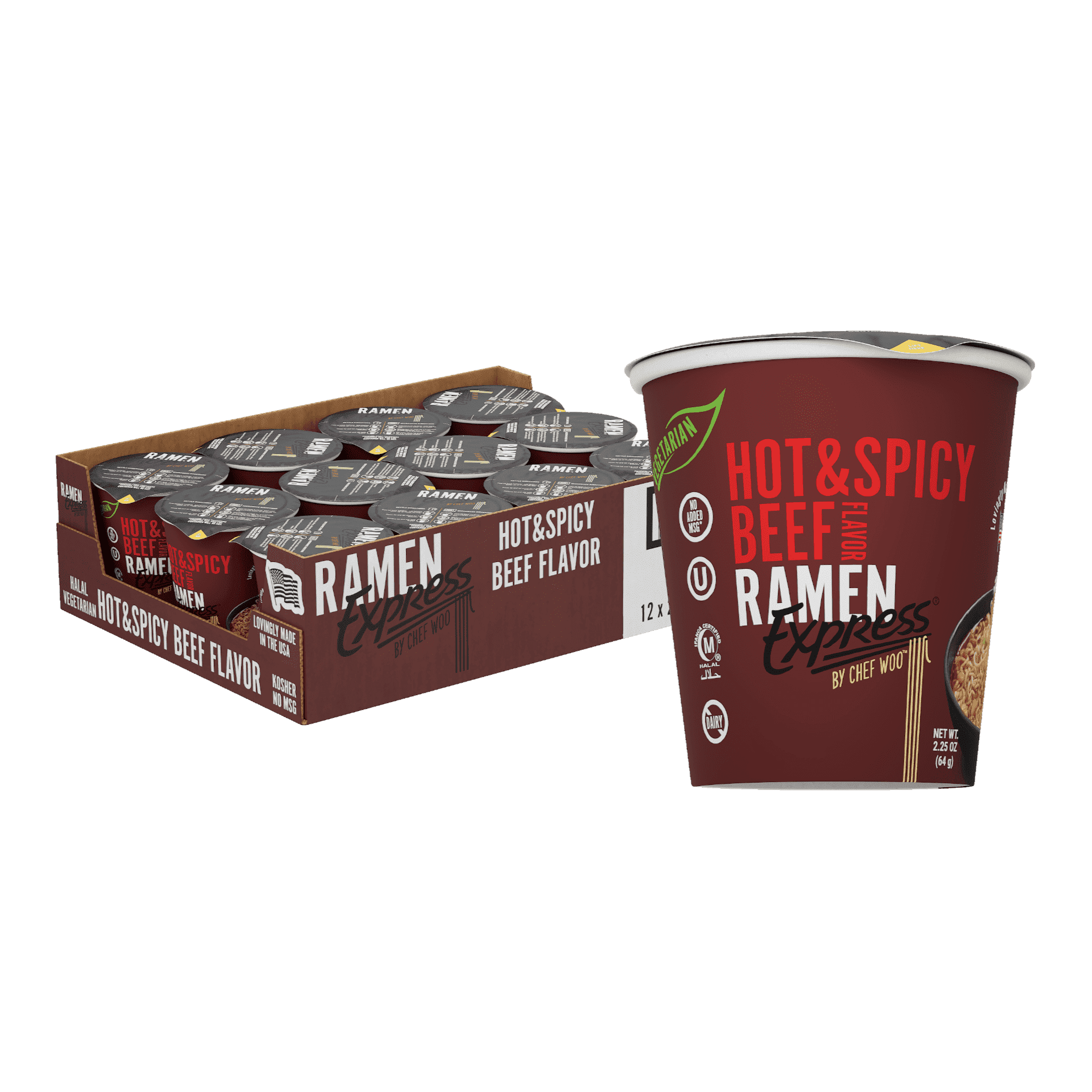 RAMEN EXPRESS Hot & Spicy Beef Flavor Ramen Cup Noodle, 2.25 Oz Each (Pack Of 12) | Animal-free Ramen Noodles | All Plant-based | Made in U.S. with finest American flour