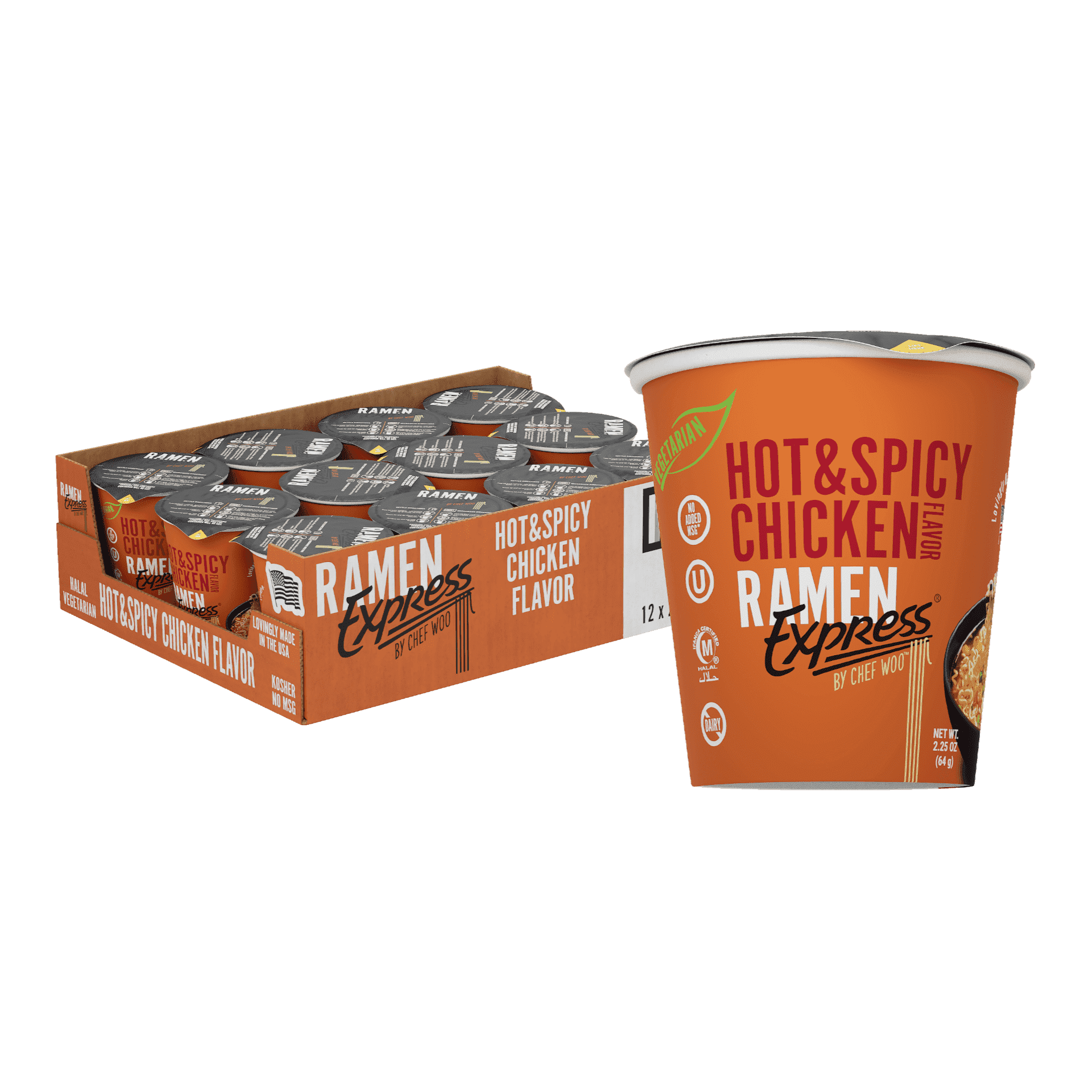 RAMEN EXPRESS Hot & Spicy Chicken Flavor Ramen Cup Noodle, 2.25 Oz Each (Pack Of 12) | Animal-free Ramen Noodles | All Plant-based | Made in U.S. with finest American flour