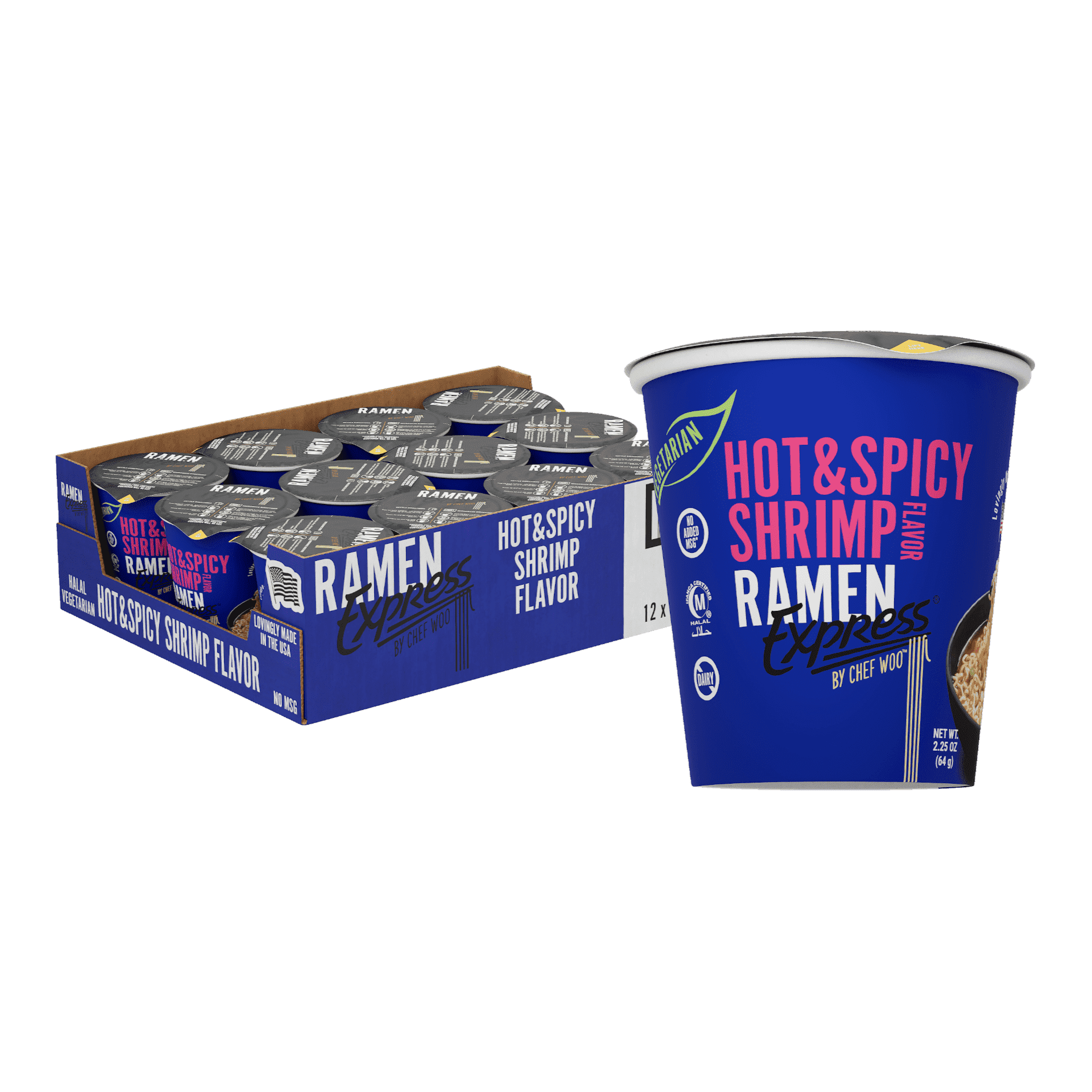 RAMEN EXPRESS Hot & Spicy Shrimp Flavor Ramen Cup Noodle, 2.25 Oz Each (Pack Of 12) | Animal-free Ramen Noodles | All Plant-based | Made in U.S. with finest American flour