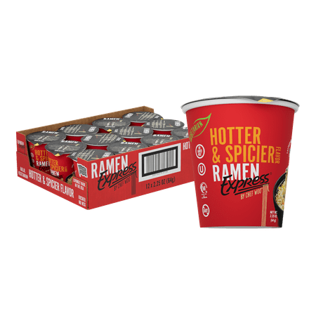 RAMEN EXPRESS Hotter and Spicier Flavor Ramen Cup Noodle, 2.25 Oz Each (Pack Of 12) | Animal-free Ramen Noodles | All Plant-based | Made in U.S. with finest American flour