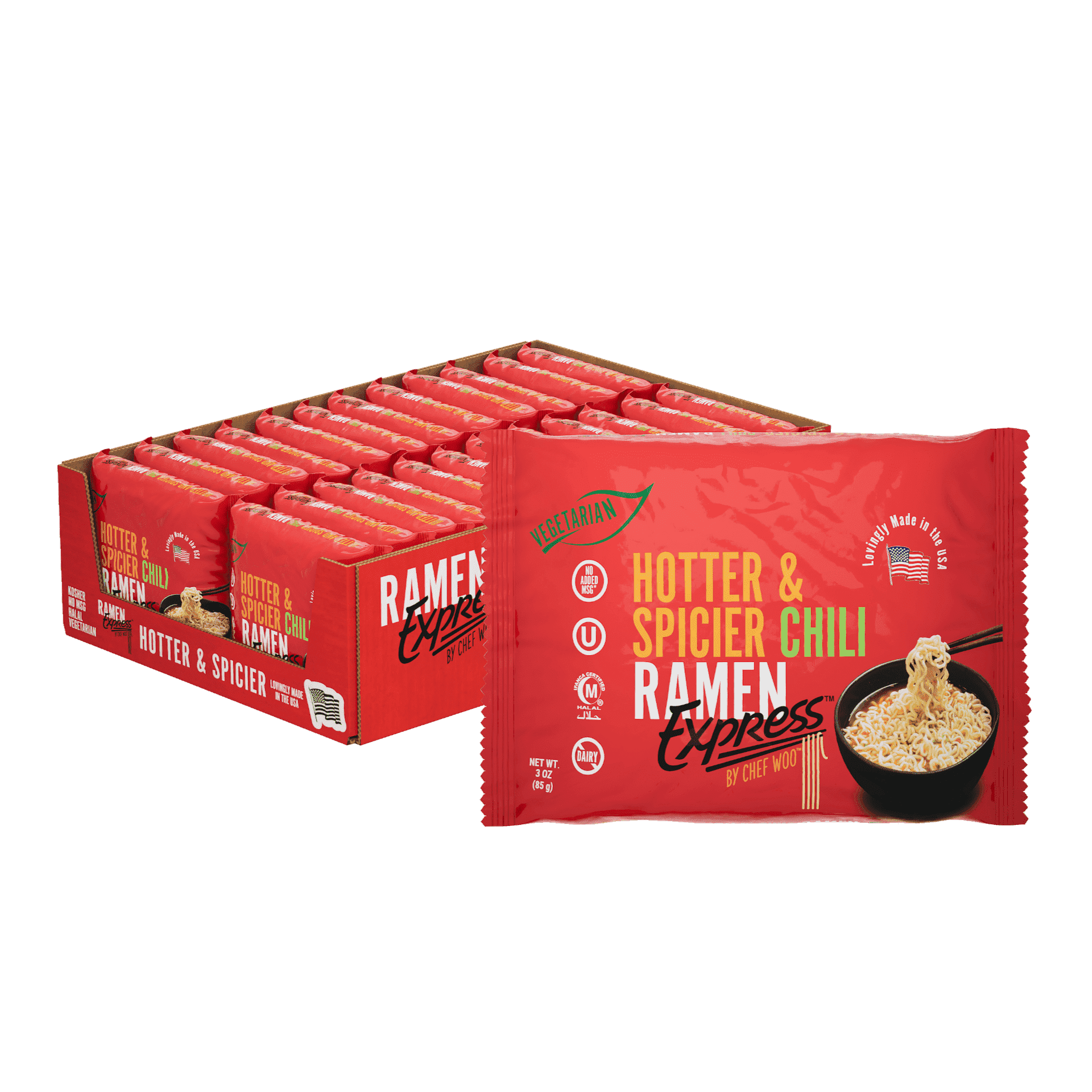 RAMEN EXPRESS Hotter and Spicier Flavor Ramen Noodle Packs, 3 Oz Each (Pack Of 24) | Animal-free Ramen Noodles | All Plant-based | Made in U.S. with finest American flour