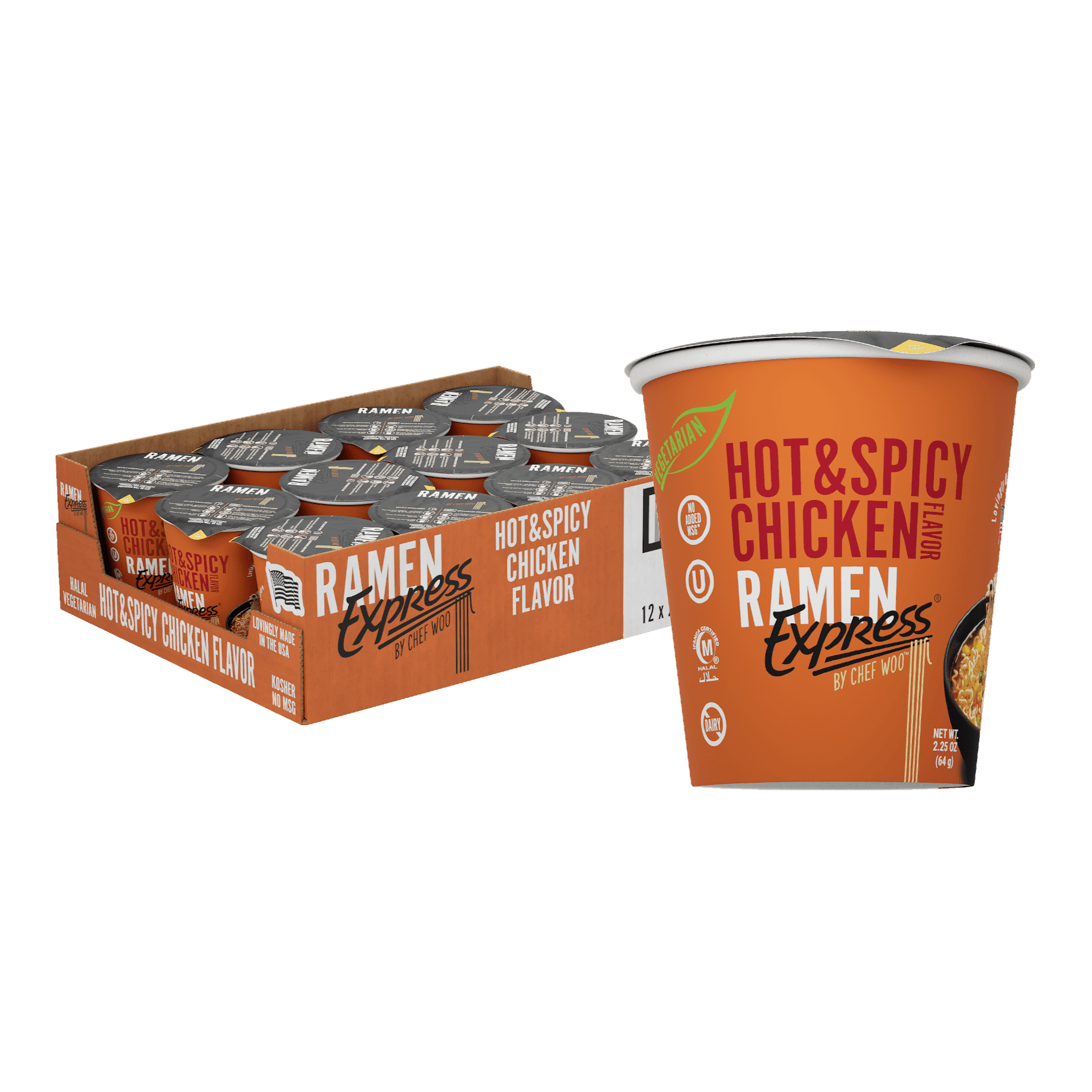 RAMEN EXPRESS Hot & Spicy Chicken Flavor Ramen Cup Noodle, 2.25 Oz Each (Pack Of 12) | Animal-free Ramen Noodles | All Plant-based | Made in U.S. with finest American flour