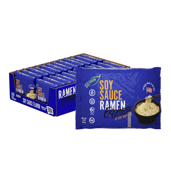 RAMEN EXPRESS Soy Sauce Flavor Ramen Noodle Packs, 3 Oz Each (Pack Of 24) | Animal-free Ramen Noodles | All Plant-based | Made in U.S. with finest American flour
