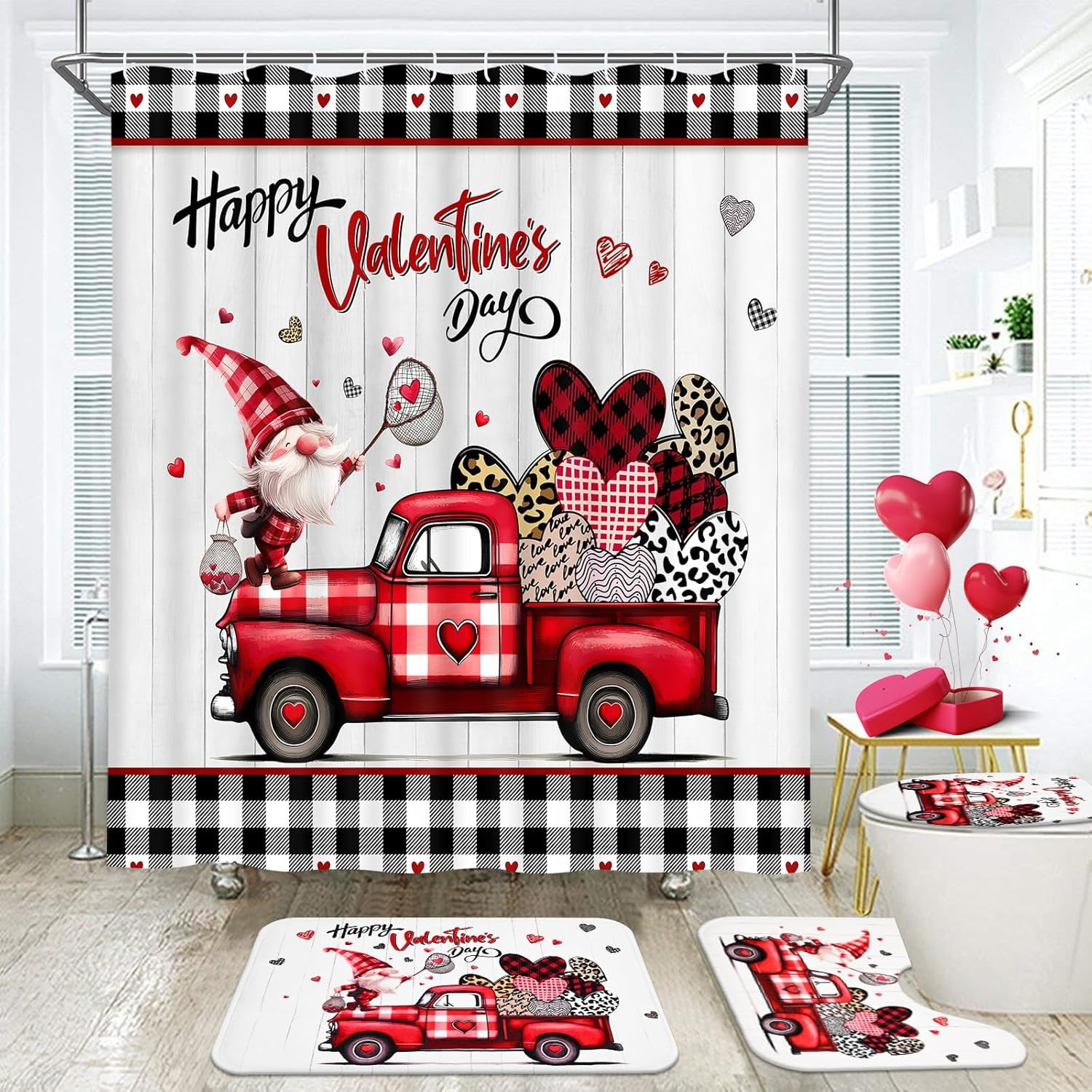 FRAMICS Valentine's Day Shower Curtain Sets with Rugs, 16 Pc Gnome Love