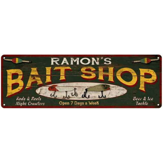 RAMON'S Bait Shop Sign Wood Look Man Cave Den Gift 6x18 Metal 106180024199