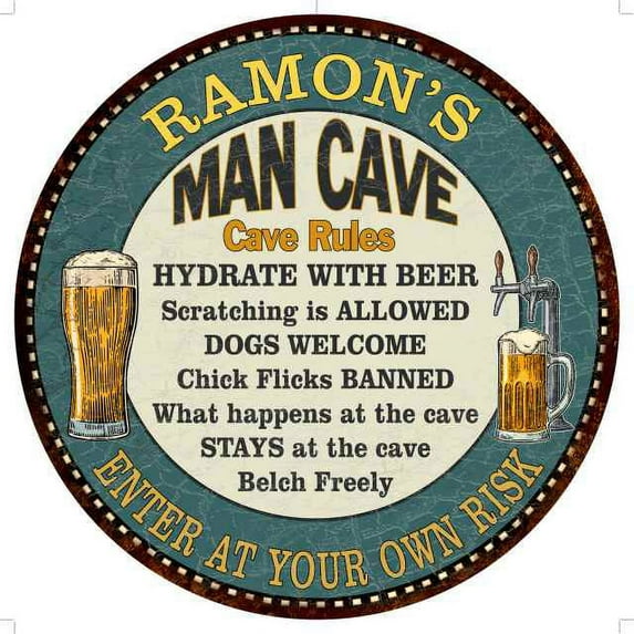 RAMON'S Man Cave Rules 14" Round Metal Sign Garage Wall Decor 100140009216