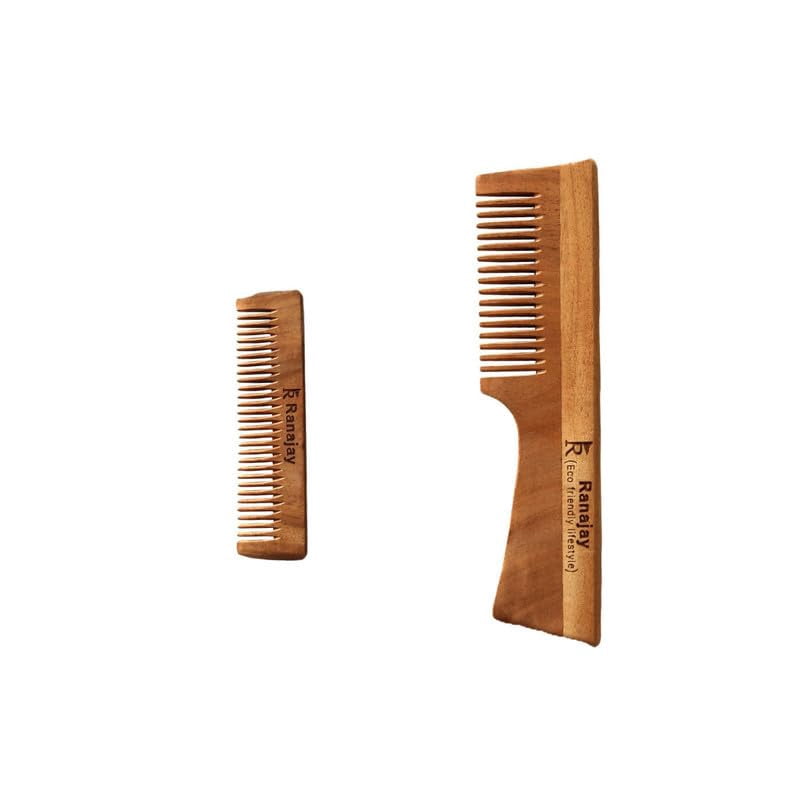 RANAJAY Neem Wooden Comb Set of 2 Pocket Comb and Handle Comb for Women ...