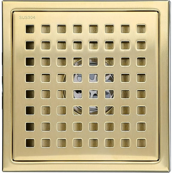 RANDOM Brushed Gold Shower Drain Square 6 Inch Shower Floor Drain with Tiled Insert Grate & Removable Hair Strainer 304 Stainless Steel Shower Drain