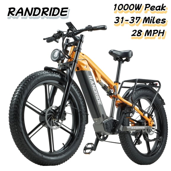 RANDRIDE Dual Motor 1000W Fat Tire Electric Bike, 45KM/H Top Speed & 90KM Range, 26" x 4.0" Orange Off-Road E-Bike