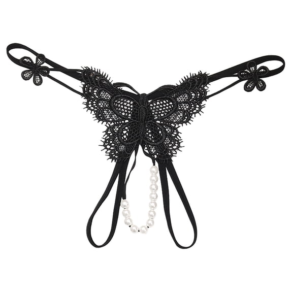 RANJIE Lingerie for Women Breathable Embroidered Hollow Butterfly Low Waist Under Open Cut Pearl Massage Thong Babydoll Underwear Women's Panties,Black
