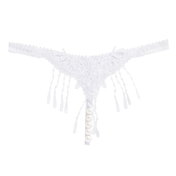 RANJIE Lingerie for Women Breathable Embroidered Transparent Pearl Massage Low Waist Open File Ultra Thin Babydoll Underwear Women's Panties,White