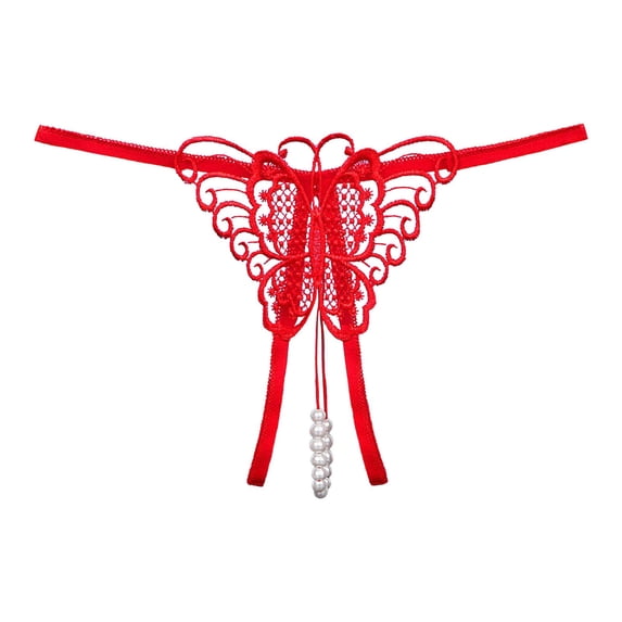 RANJIE Lingerie for Women Breathable Fashion Cutout Pendant Pearl Beads Butterfly Thong Underpants Babydoll Underwear Women's Panties,Red