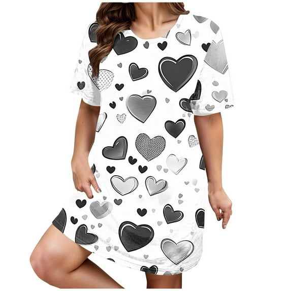 RANJIE Women's Plus Size Nightgown Heart Print Short Sleeve Crewneck Loose Sleep Dress Nightwear for Valentine's Day, Black 5XL