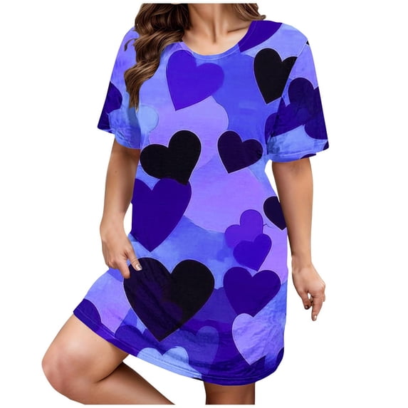 RANJIE Women's Valentine's Day Nightgown Heart Print Short Sleeve Sleep Shirt Dress Sleepwear, Blue 5XL