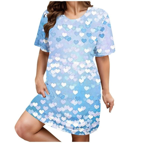 RANJIE Womens Nightgowns Cotton Sleepwear Plus Size Sleep Shirt Short Sleeve Nightshirt Print Sleepshirt Valentine's Day Gift, Blue 3XL