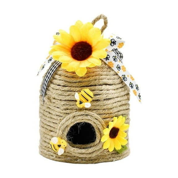 RANME Bee Hive Home Decor Natural Jute Beehive With Wooden Bees For Cute Accents