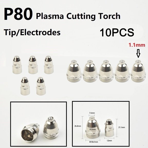 RANMEI 10Pcs P-80 Plasma Cutter Consumable Torch Kit 1.1Mm 1.3Mm 1.5Mm 1.7Mm Nozzle Tip Electrode Plasma Cutting Torch Welding Equipmen