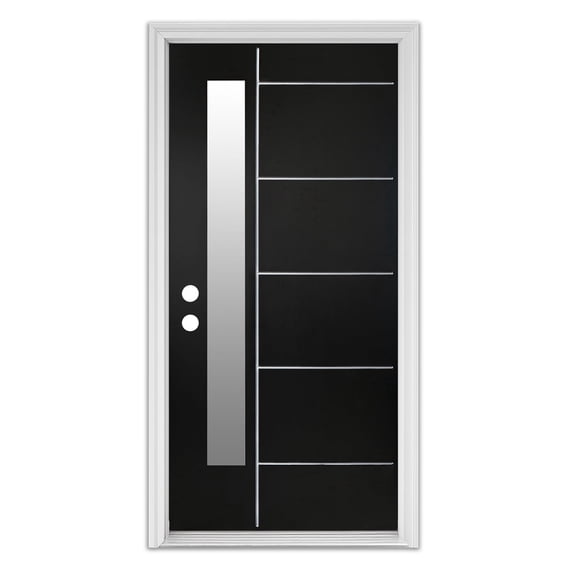 RANSENERS 36 x 80 Fiberglass Entry Door with Brickmould, Knock-Down Black Slab, White Vinyl Frame, Frosted Glass, for Front Entrance