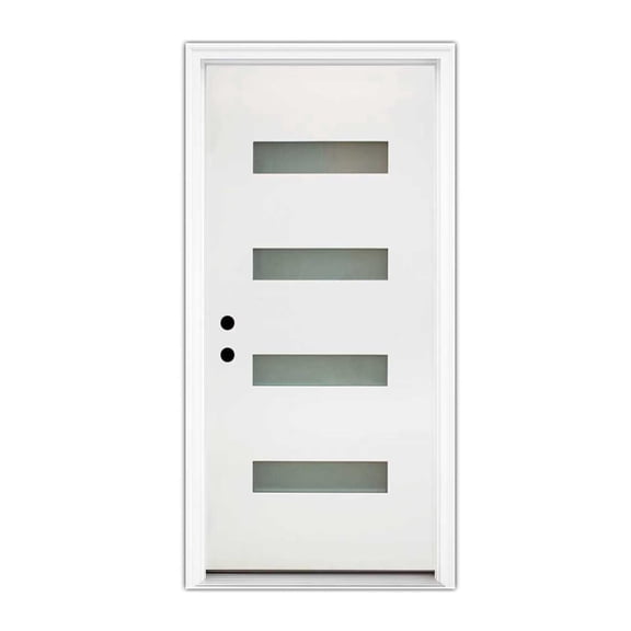 RANSENERS 36 x 80" Fiberglass Entry Door with Brickmould, Vinyl Frame, 4-Lite Frosted Glass, for Front Entrance, White