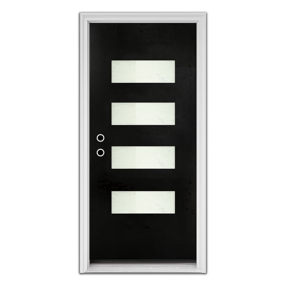 RANSENERS 36 x 80 Fiberglass Entry Door with Brickmould, Black Finished with White Vinyl Frame, 4-Lite Frosted Glass, for Front Entrance