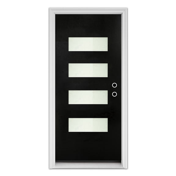 RANSENERS 36 x 80" Black Fiberglass Entry Door with White Vinyl Frame, Brickmould, 4-Lite Frosted Glass, for Front Entrance
