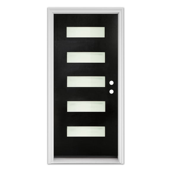 RANSENERS 36 x 80" Black Fiberglass Entry Door with White Vinyl Frame, Brickmould, 5-Lite Frosted Glass, for Front Entrance