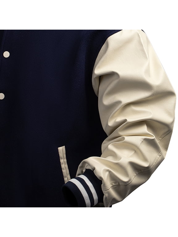 Men's Varsity Jacket Classic Letterman Style with PU Leather Sleeves Navy XXXL