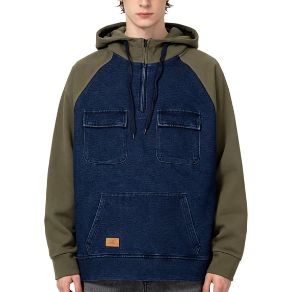 RAOENJADO Mens Hoodie American Retro Quarter Zip Sweatshirt with Large Front Pocket Dark Blue M
