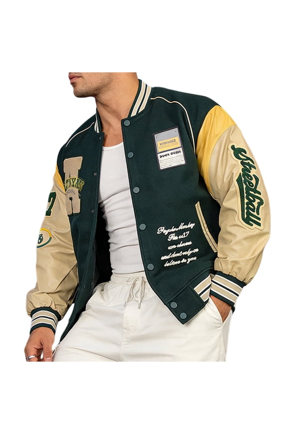 Mens Varsity Bomber Jacket Baseball Letterman Coat Vintage PU Sleeves Streetswear Plus Size Green 0XL