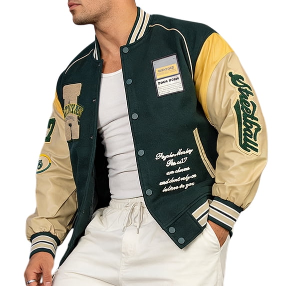 RAOENJADO Mens Varsity Bomber Jacket Baseball Letterman Coat Vintage PU Sleeves Streetswear Plus Size Green 1XL