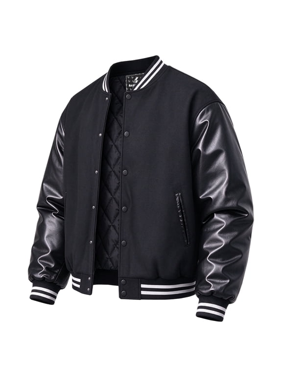 Mens Varsity Jacket Thick Warm Winter Letterman with PU Leather Sleeves Black XXXL
