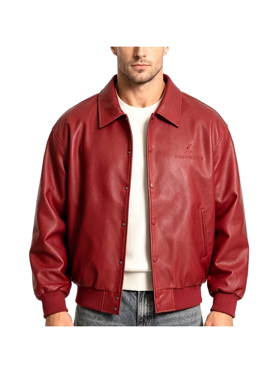 Men's Faux Leather Jacket Gothic UV Reactive Embroidery Racing Coat Red XL