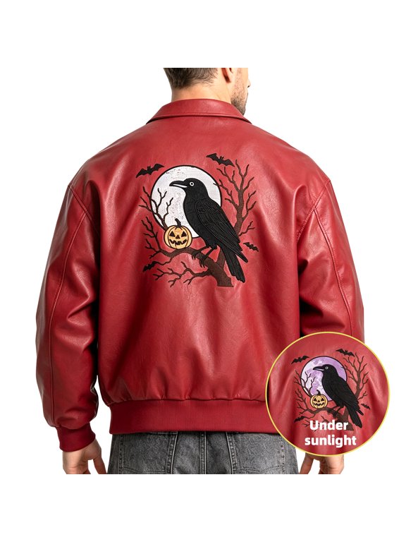 Men's Faux Leather Jacket Gothic UV Reactive Embroidery Racing Coat Red XL