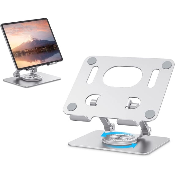 RAOYI Foldable Portable Tablet Stand with 360° Rotating Base Adjustable Liftable Aluminum Alloy iPad Stand Compatible with iPad Pro/Air/Mini and More,Silver