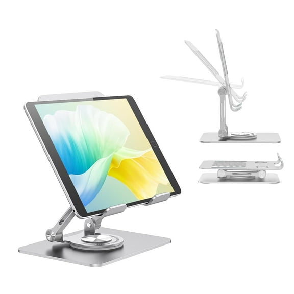 RAOYI Swivel Tablet Stand with 360 Rotating Base, Adjustable & Foldable Tablet Holder, Compatible with iPad/Pro/Air/Mini, Tablets, iPhone 15 Pro, Switch and More 4.7"-12.9",Silver
