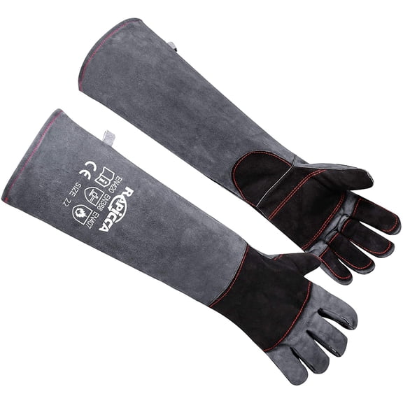 RAPICCA Animal Handling Gloves Bite Proof Double Leather Reinforced Padding Dog,Cat Scratch,Bird Handling Falconry Gloves Grabbing Reptile Squirrel Snake Bite 16in Grey-Black