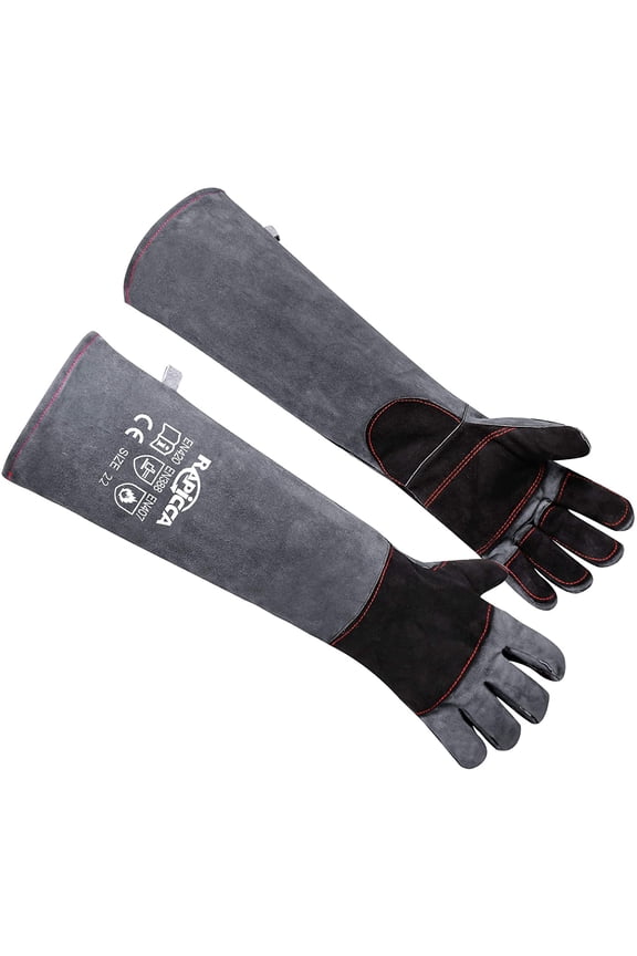 RAPICCA Animal Handling Gloves Bite Proof Double Leather Reinforced Padding Dog,Cat Scratch,Bird Handling Falconry Gloves Grabbing Reptile Squirrel Snake Bite 16in Grey-Black