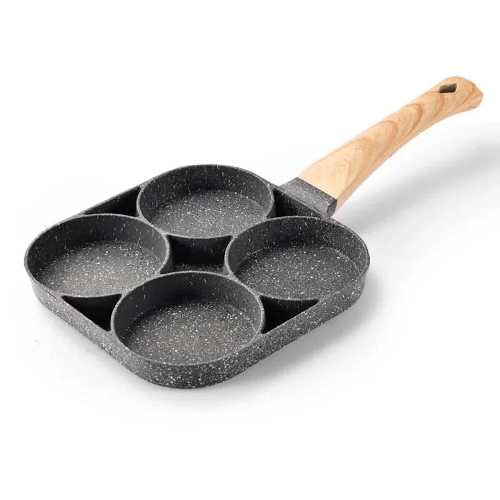 RAPOBRIX 4-Cup Frying Pan Non Stick Breakfast Burger Nonstick Egg Frying Pancake Maker Wooden Handle Medical Stone Four Hole Omelet Frying Pan 4-Cup