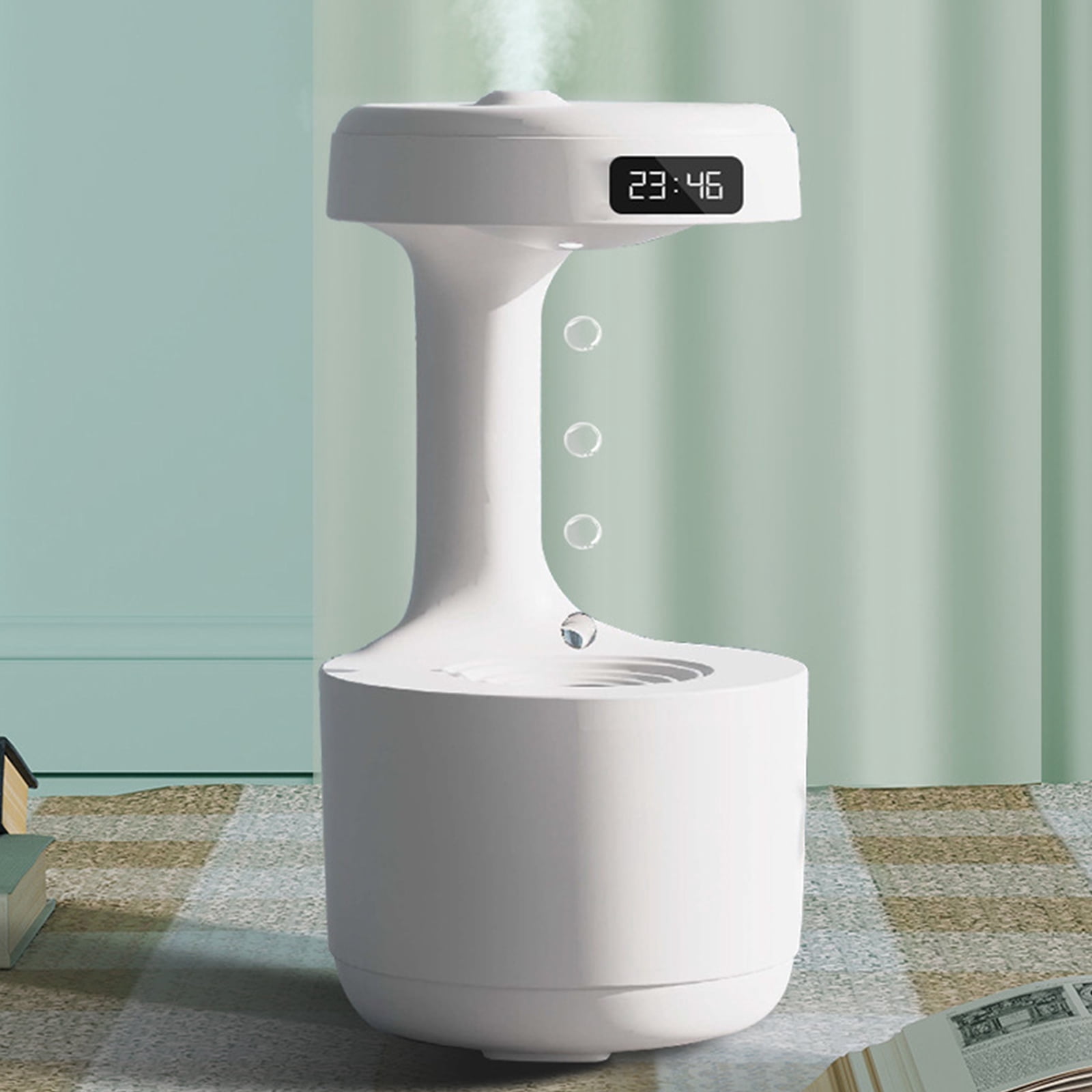 RAPOBRIX Anti-Gravity Water Drop Humidifier with Night Light & LED Clock - 800ml Cool Mist for Bedroom/Baby/Office (White)