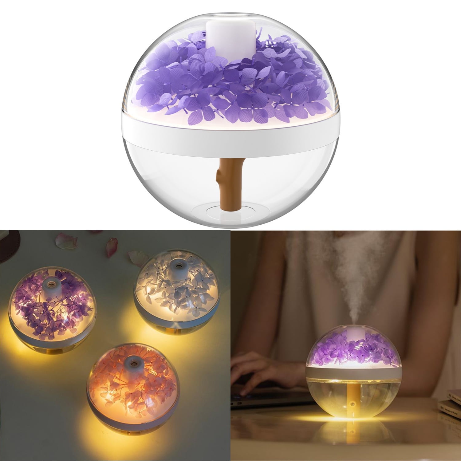 RAPOBRIX Preserved Flower Portable Humidifier - 270ml Cool Mist Essential Oil Diffuser with Night Light