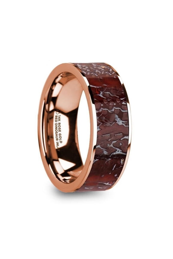 RAPTOR Flat 14K Rose Gold with Red Dinosaur Bone Inlay - 8mm - Size 10