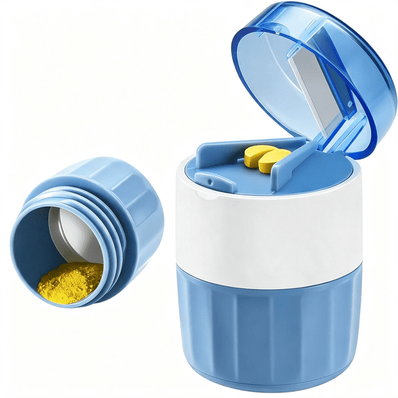 RAQOE 3-In-1 Pill Crusher and Cutter (Blue) | Pills Crusher Fine Powder with Stainless Steel Grinding Head, Storage for Tablets, Cutter Splitter for Small and Tiny Pills