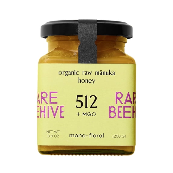 RARE BEEHIVE 512+ MGO Mānuka Honey (UMF 15+ Equivalent), Certified Organic Raw Mānuka Honey from New Zealand, Lab Tested, Glass Jar, 8.8 oz / 250g.