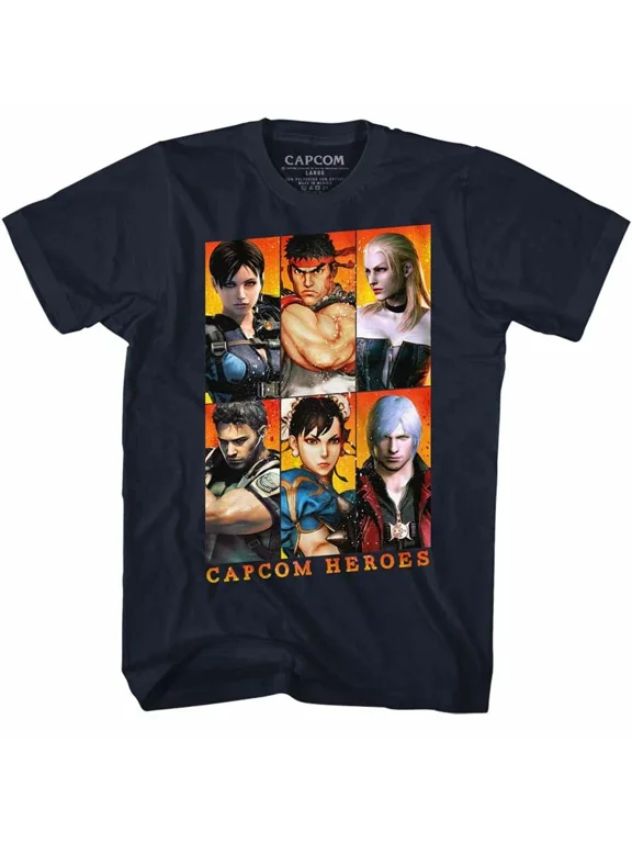 RARE CapCom Heroes Mens T-Shirt New Gaming Sizes SM - 5XL Official Navy Cotton
