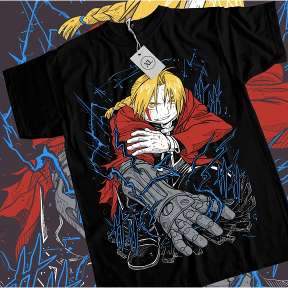 RARE Edward Elric T-Shirt Fullmetal Alchemist Brotherhood Fma Alphonse Black Shirt