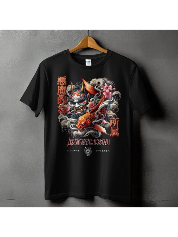 RARE Japanese Oni Mask T-Shirt Koi Fish Art Shirt Hannya Tattoo Design Tee Traditi