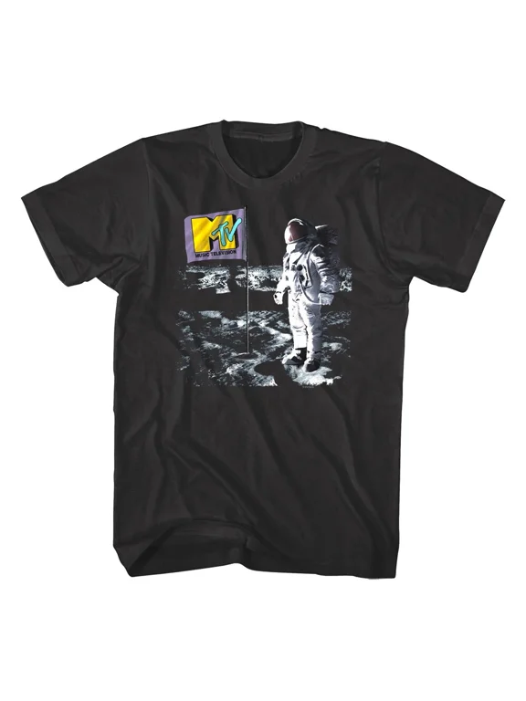 RARE MTV Astronaut Flag on the Moon Men's T Shirt Space Stars Galaxy Lunar Music